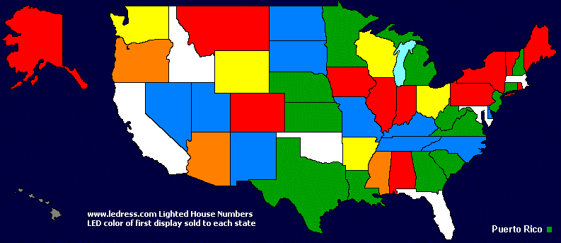 Sales map showing color distribution of LEDress lighted house numbers in the U.S. Sales map showing color distribution of LEDress lighted house numbers in the U.S.